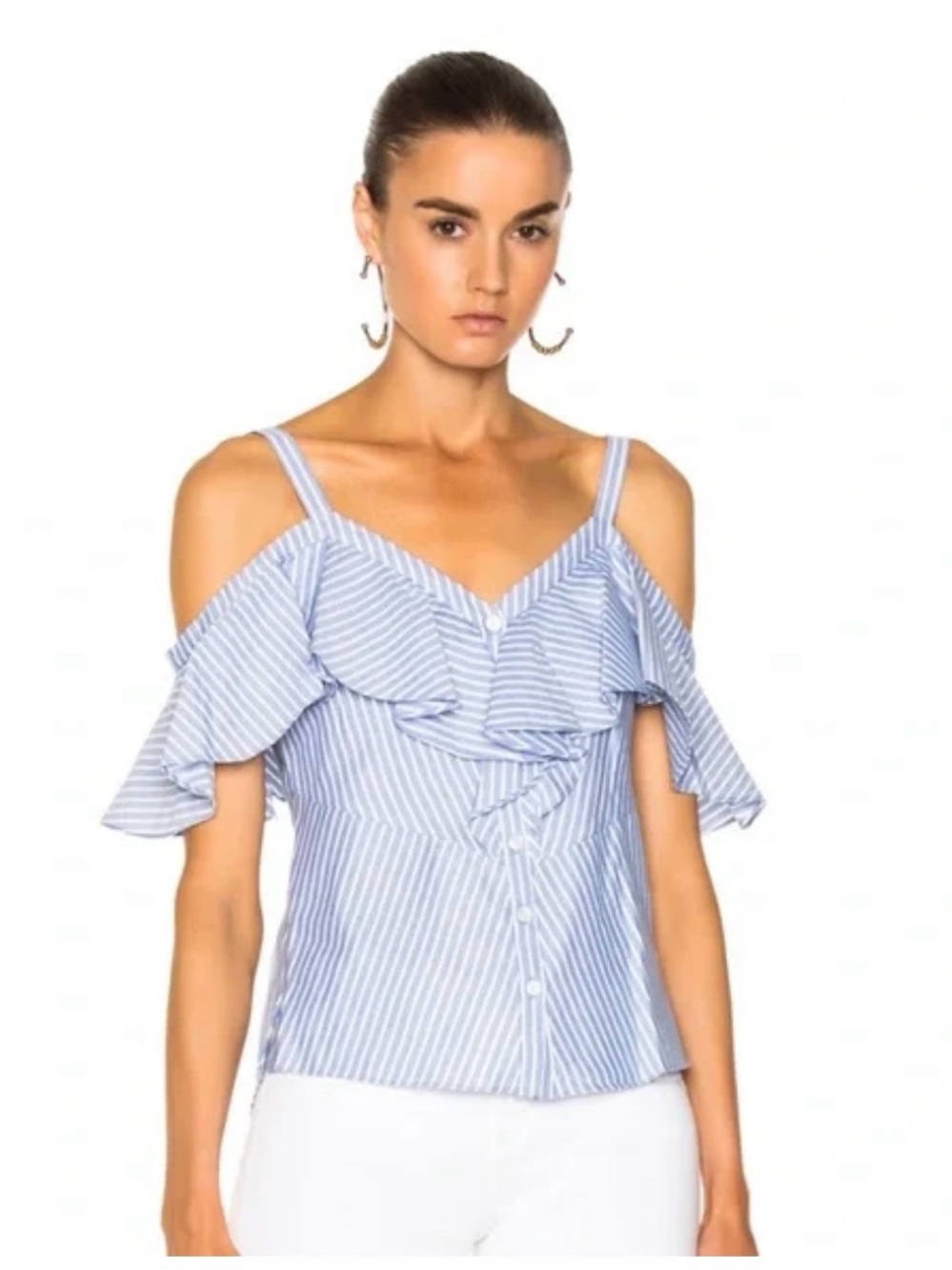 Veronica Beard Light Blue & White Striped Ruffle Camisole